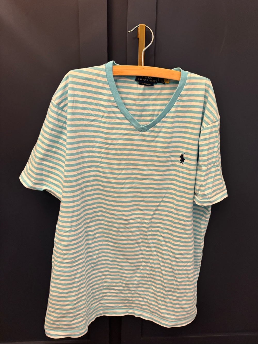 Ralph Lauren Striped V-Neck Tee in Aqua & White